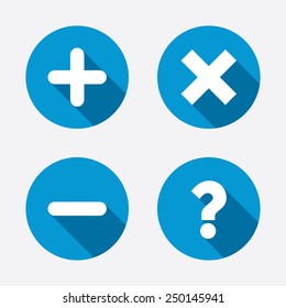 Plus and minus icons. Delete and question FAQ mark signs. Enlarge zoom symbol. Circle concept web buttons. Vector