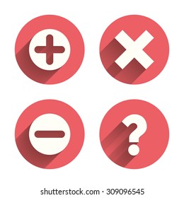 Plus and minus icons. Delete and question FAQ mark signs. Enlarge zoom symbol. Pink circles flat buttons with shadow. Vector