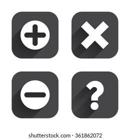 Plus and minus icons. Delete and question FAQ mark signs. Enlarge zoom symbol. Square flat buttons with long shadow.