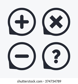 Plus And Minus Icons. Delete And Question FAQ Mark Signs. Enlarge Zoom Symbol. Flat Icon Pointers.