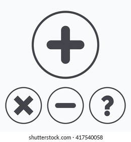 Plus and minus icons. Delete and question FAQ mark signs. Enlarge zoom symbol. Icons in circles.