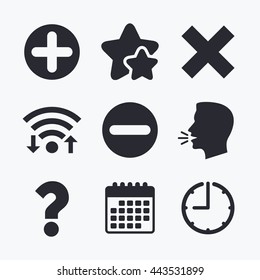 Plus and minus icons. Delete and question FAQ mark signs. Enlarge zoom symbol. Wifi internet, favorite stars, calendar and clock. Talking head. Vector