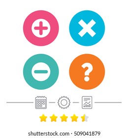 Plus and minus icons. Delete and question FAQ mark signs. Enlarge zoom symbol. Calendar, cogwheel and report linear icons. Star vote ranking. Vector