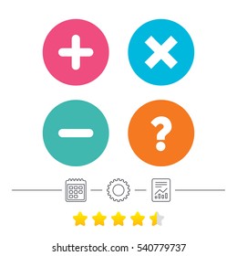 Plus and minus icons. Delete and question FAQ mark signs. Enlarge zoom symbol. Calendar, cogwheel and report linear icons. Star vote ranking. Vector