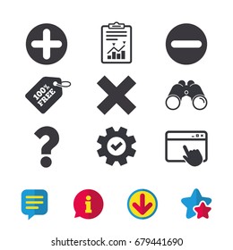 Plus and minus icons. Delete and question FAQ mark signs. Enlarge zoom symbol. Browser window, Report and Service signs. Binoculars, Information and Download icons. Stars and Chat. Vector