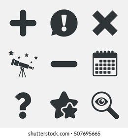 Plus and minus icons. Question FAQ symbol.