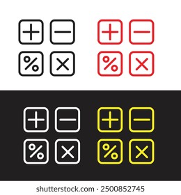 Plus- und Minussymbole eingestellt. Mathematische Symbole. Die Hölle signiert mehrere Symbole. Taschenrechner-Taste, Business Finance Konzept und Flat Vektor.