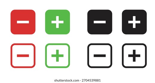 Conjunto de ícones de mais e menos. Botões de adição e subtração de vetor para controle de quantidade, zoom e design da interface do usuário.
