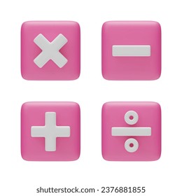 Plus, minus, multiplication and division 3d pink buttons set. Mathematical education symbols for web, app, infographic. Math operations realistic vector illustration isolated
