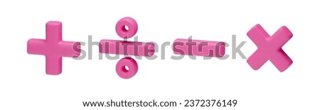 Plus, minus, multiplication and division 3d mathematical symbols set. Pink arithmetic education signs for web, app, infographic. Math operations realistic vector illustration isolated Foto d'archivio © 