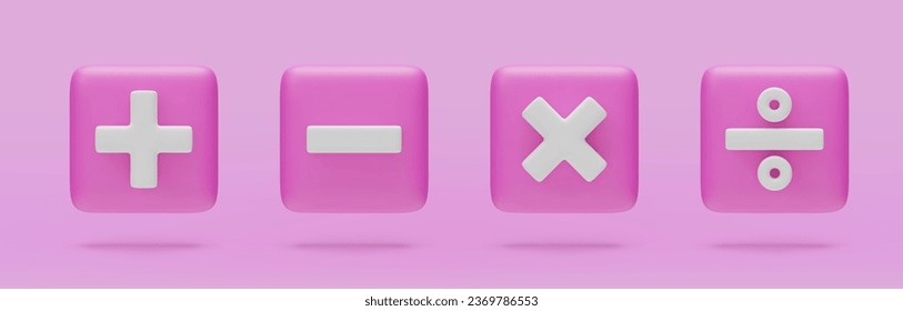 Plus, minus, multiplication and division buttons set, 3d mathematical symbols. Arithmetic education signs for web, app, infographic. Math operations realistic vector illustration on pink background