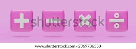Plus, minus, multiplication and division buttons set, 3d mathematical symbols. Arithmetic education signs for web, app, infographic. Math operations realistic vector illustration on pink background