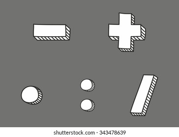 Plus, minus, multiplication and division hand drawn vector icon isolated on grey background