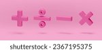 Plus, minus, multiplication and division set, pink 3d mathematical symbols. Arithmetic education signs for web, app, infographic. Math operations realistic vector illustration on pink background