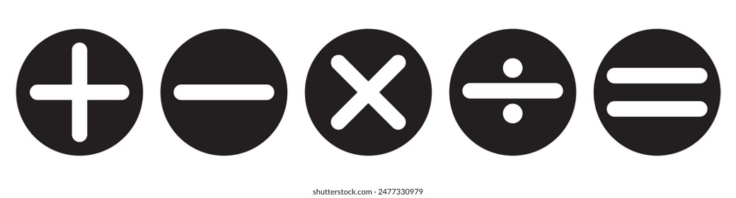 Plus, minus, multiply, divide and equal sign icon design set. Addition, subtraction, multiplication, division, equal sign, icon symbol. Mathematical symbol icon.