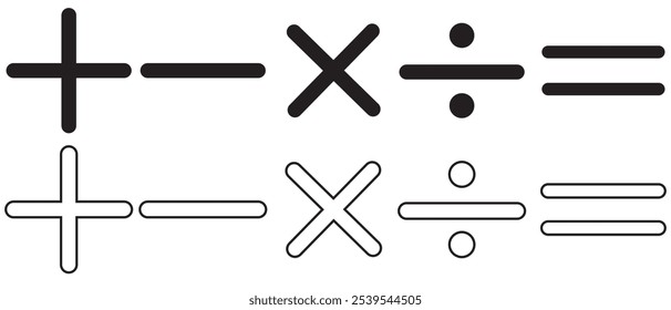 mais, menos, multiplicar, dividir, igual   vetores de ícones. eps 10