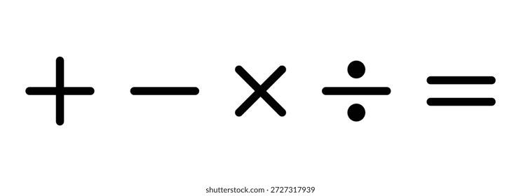 Más, menos, multiplicar, dividir e igual conjunto de diseño de icono de signo. Suma, resta, multiplicación, división, signo igual, símbolo de icono. Cálculo y símbolo de signo matemático en color negro. Ilustración vectorial aislada sobre fondo blanco.
