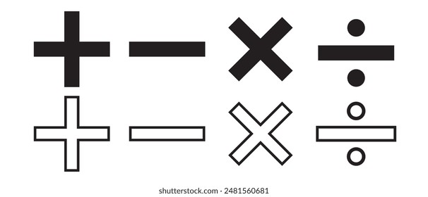 Plus minus multiply divide icon set on white background. Math symbol. Add sign. Calculator button symbol. vector illustration.