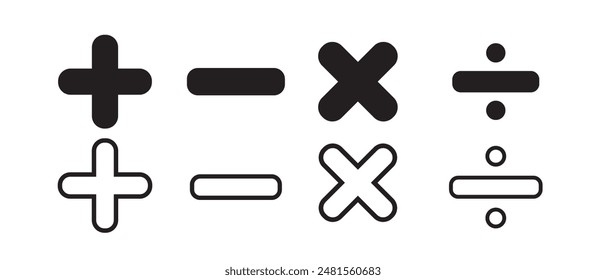 Plus minus multiply divide icon set on white background. Math symbol. Add sign. Calculator button symbol. vector illustration.