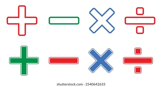 Ícone de divisão com sinal de menos definido no plano de fundo branco. Símbolo matemático. Adicione o sinal. Símbolo do botão Calculadora. ilustração de vetor.