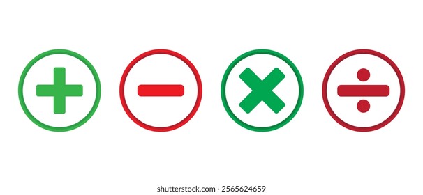 Plus minus multiply and divide sign isolate in circle on white background. Vector icons with mathematical signs.  Set of mathematical symbols. Vector illustration. 

