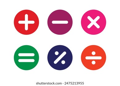 Plus-, Minus-, Multiplikations-, Gleich- und Divisionszeichensatz. Mathematische Zeichen-Vektorillustration.