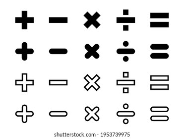 Plus minus and other calculator icons in flat style. Mathematical symbols isolated on white background. Plus and minus sign symbol. Vector illustration.