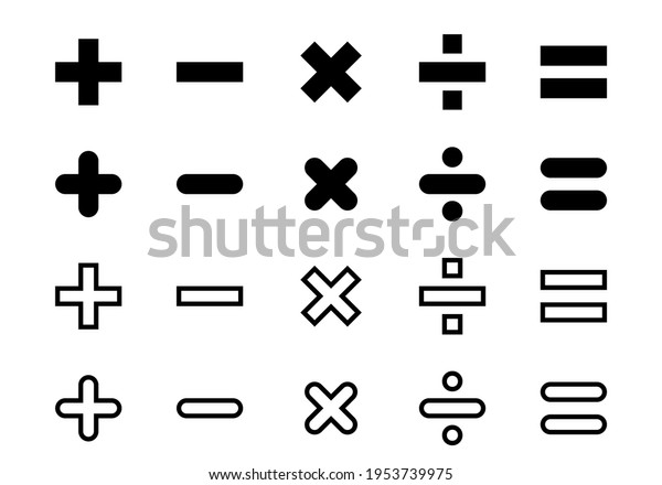 Plus minus and other calculator\
icons in flat style. Mathematical symbols isolated on white\
background. Plus and minus sign symbol. Vector\
illustration.