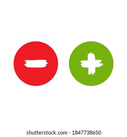 Plus and minus paint drawn buttons in circle.  flat vector icons isolated on white. Add or plus purchase pictogram. Good for web and mobile design.