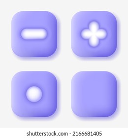 Plus, minus and point symbols. Punctuation marks on 3D buttons