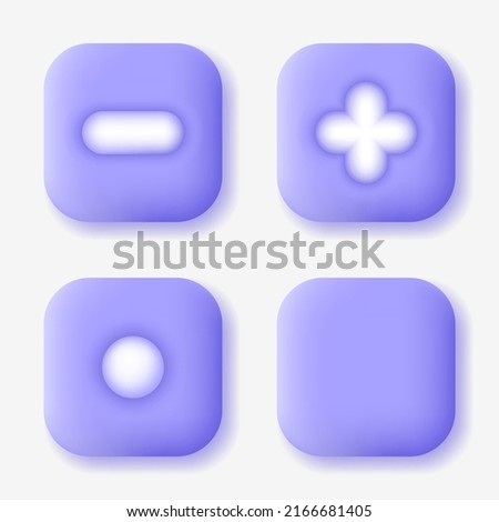 Plus, minus and point symbols. Punctuation marks on 3D buttons