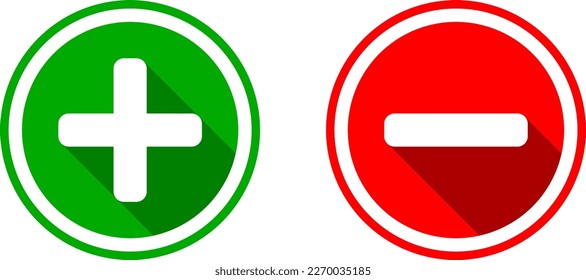 Plus Minus or Positive Negative or Yes and No or Right and Wrong or Approved and Declined Sign Icon Set with 3D Shadow Effect in Green and Red Circles. Vector Image.