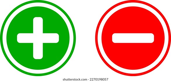 Más menos o negativo positivo o Sí y No o Correcto y Equivocado o Aprobado y Declinado Icono de signo establecido en Círculos verdes y rojos. Imagen vectorial.	
