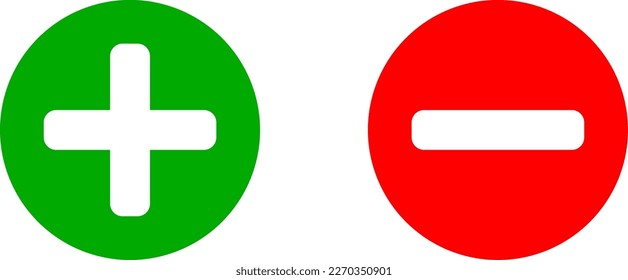 Plus Minus or Positive Negative or Yes and No or Right and Wrong or Approved and Declined Sign Icon Set in Green and Red Circles. Vector Image.	
