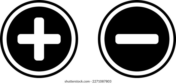 Más menos o negativo positivo o Sí y No o Correcto y Equivocado o Aprobado y Declinado Icono de signo establecido en Círculos blancos y negros. Imagen vectorial.	
