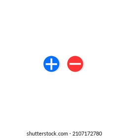 Más y menos, iconos rojos y azules, fondo blanco
