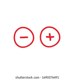 Plus and minus red hand drawn buttons in circle.  flat vector icons isolated on white. Add or plus purchase pictogram. Good for web and mobile design.