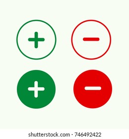 Plus and minus round icon set in green and red colors, vector illustration.