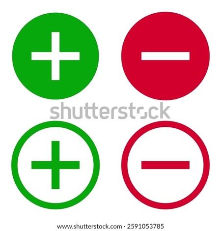 Plus and minus round icon set in red and green colors isolated on white background.