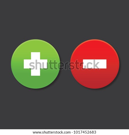 Plus and minus round shape icons with shadow, flat design + & -, green plus and red minus , vector, isolated on dark background