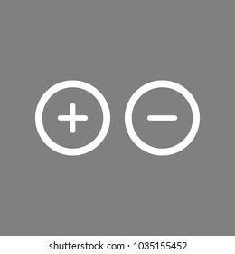 Plus and minus sign in circle icon. Zoom in and out. Positive and negative symbol. Vector. White icon on medium gray background. Isolated.