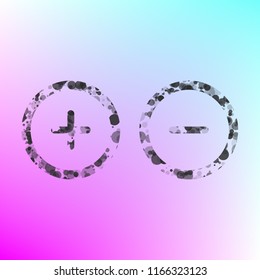 Plus and minus sign in circle icon. Zoom in and out. Positive and negative symbol. Vector. Gray icon with bubbled texture at color background with pink and sky blue corners.
