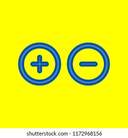 Plus and minus sign in circle icon. Zoom in and out. Positive and negative symbol. Vector. Office style blue icon at yellow background.