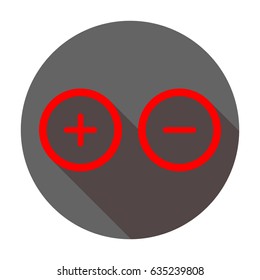 Plus and minus sign in circle icon. Zoom in and out. Positive and negative symbol. Vector. Red icon with reddish shadow on dark gray circle at white background. Isolated.