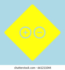 Plus and minus sign in circle icon. Zoom in and out. Positive and negative symbol. Vector. Yellow romb with hole as icon on lightblue background.