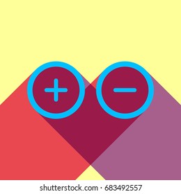 Plus and minus sign in circle icon. Zoom in and out. Positive and negative symbol. Vector. Deep sky blue icon with two flat violet and raspberry semitransparent shadows on canary background.