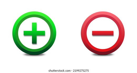 Plus and minus sign icons. Green plus and red minus symbol. Flat vector illustration.