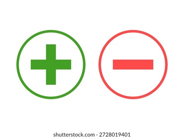 Conjunto de signos más y menos. Icono verde y rojo, símbolo de cálculo. Símbolo verde más y rojo menos