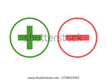 Plus and minus sign set. Green and red icon, calculation symbol. Green plus and red minus symbol