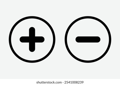 sinal de mais ou menos e símbolo. Vetor de contorno do ícone de adição e subtração. adicionar ícone de adição. Ícone de Sinal de Mais ou Menos definido para aplicativo móvel e Web. Ilustração vetorial. Arquivo Eps 32.